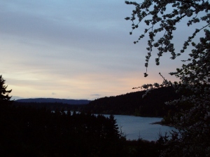 Dusk falls on St. Mary Lake, as seen from the family deck.
